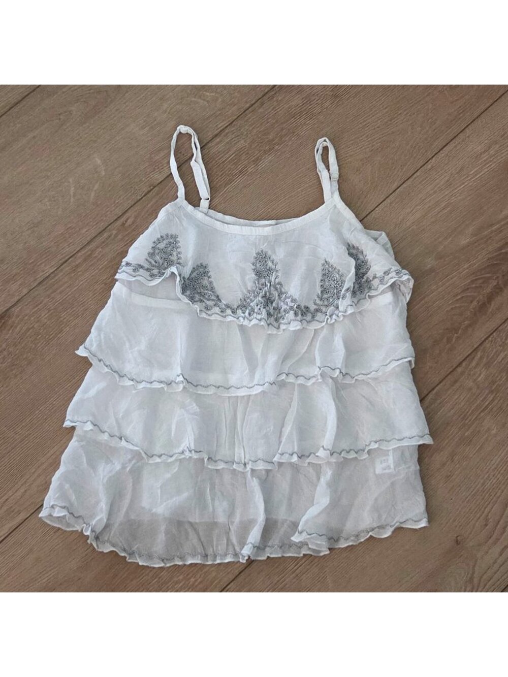 Forever 21 White & Silver Ruffle Tiered Spaghetti Strap Babydoll Top Medium